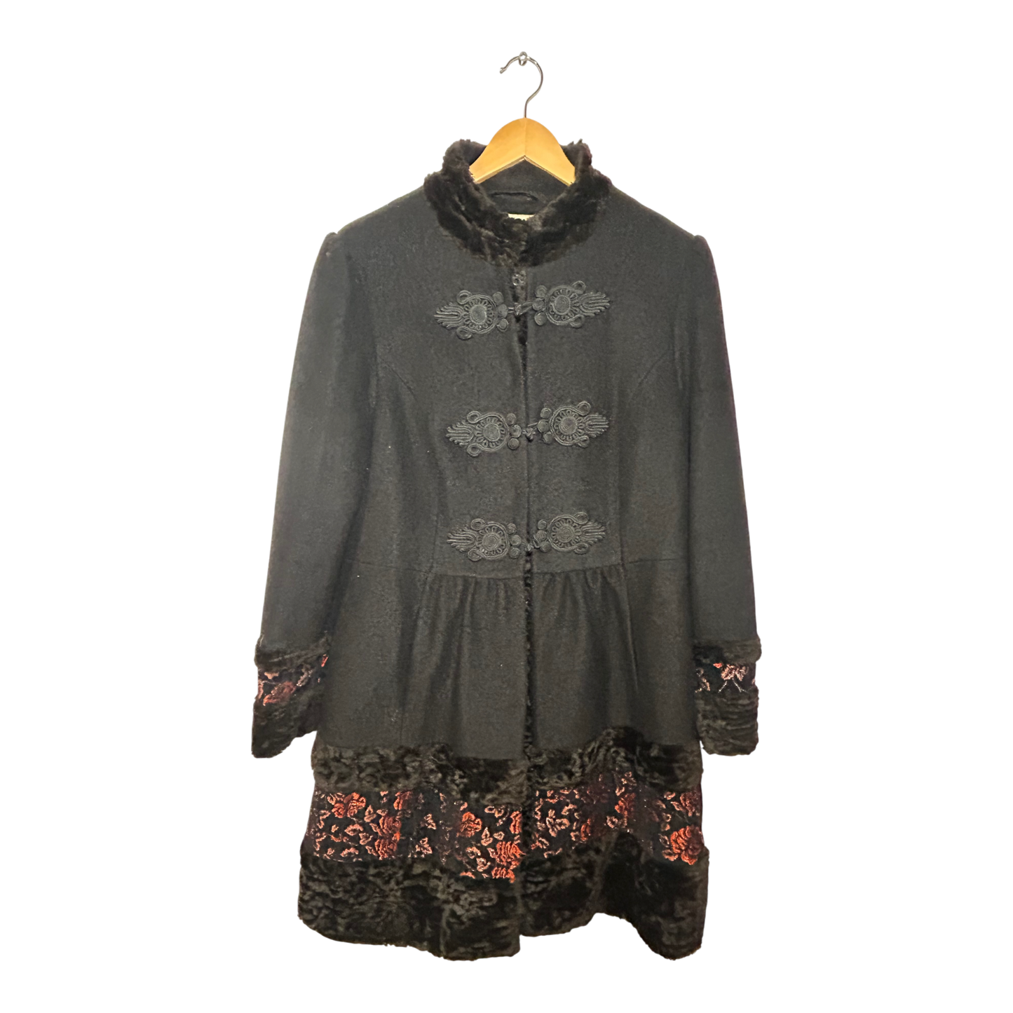 Monsoon Mantel Vintage Gr 42 Schwarz Brokat Kunstpelz Eleganter Wintermantel Warm