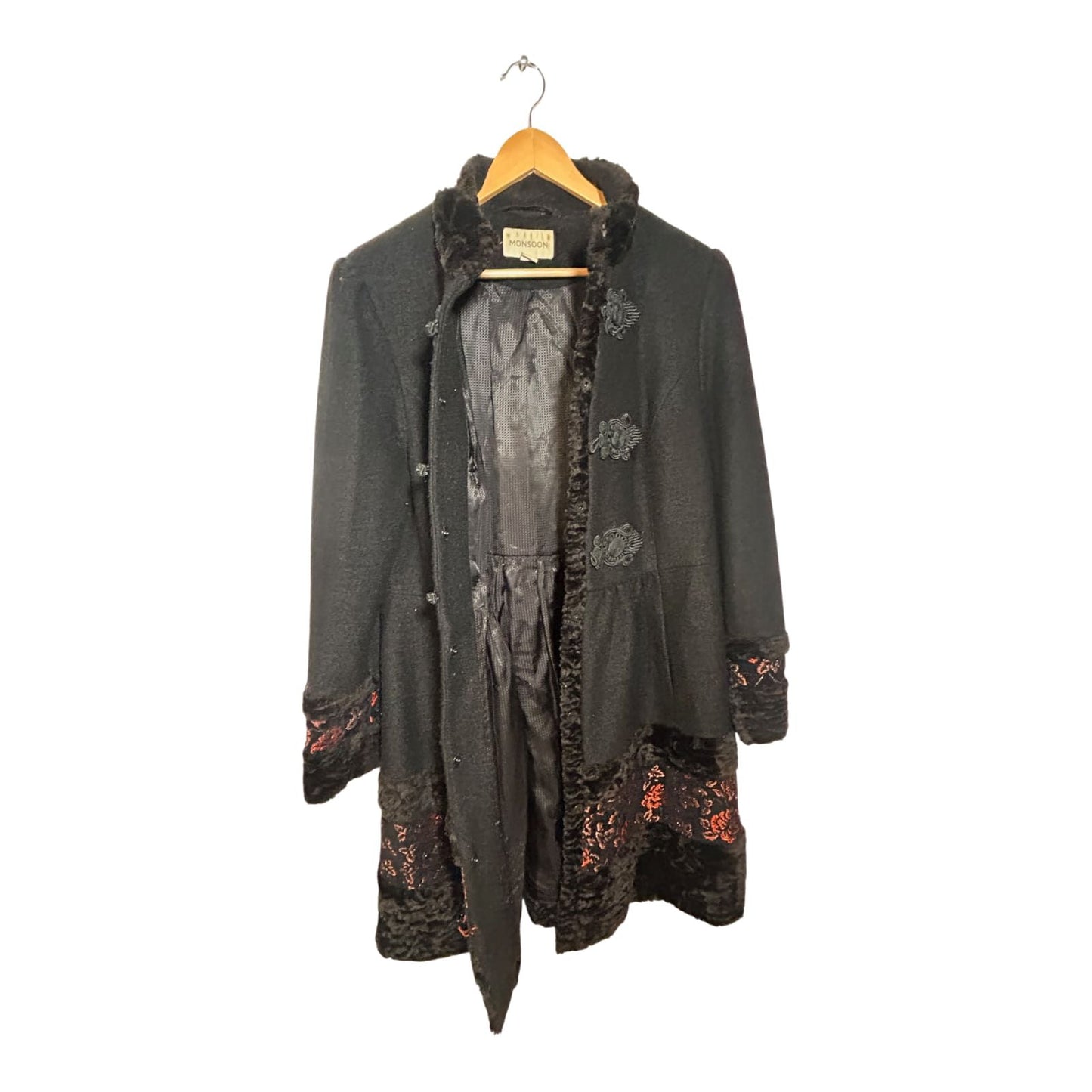 Monsoon Mantel Vintage Gr 42 Schwarz Brokat Kunstpelz Eleganter Wintermantel Warm