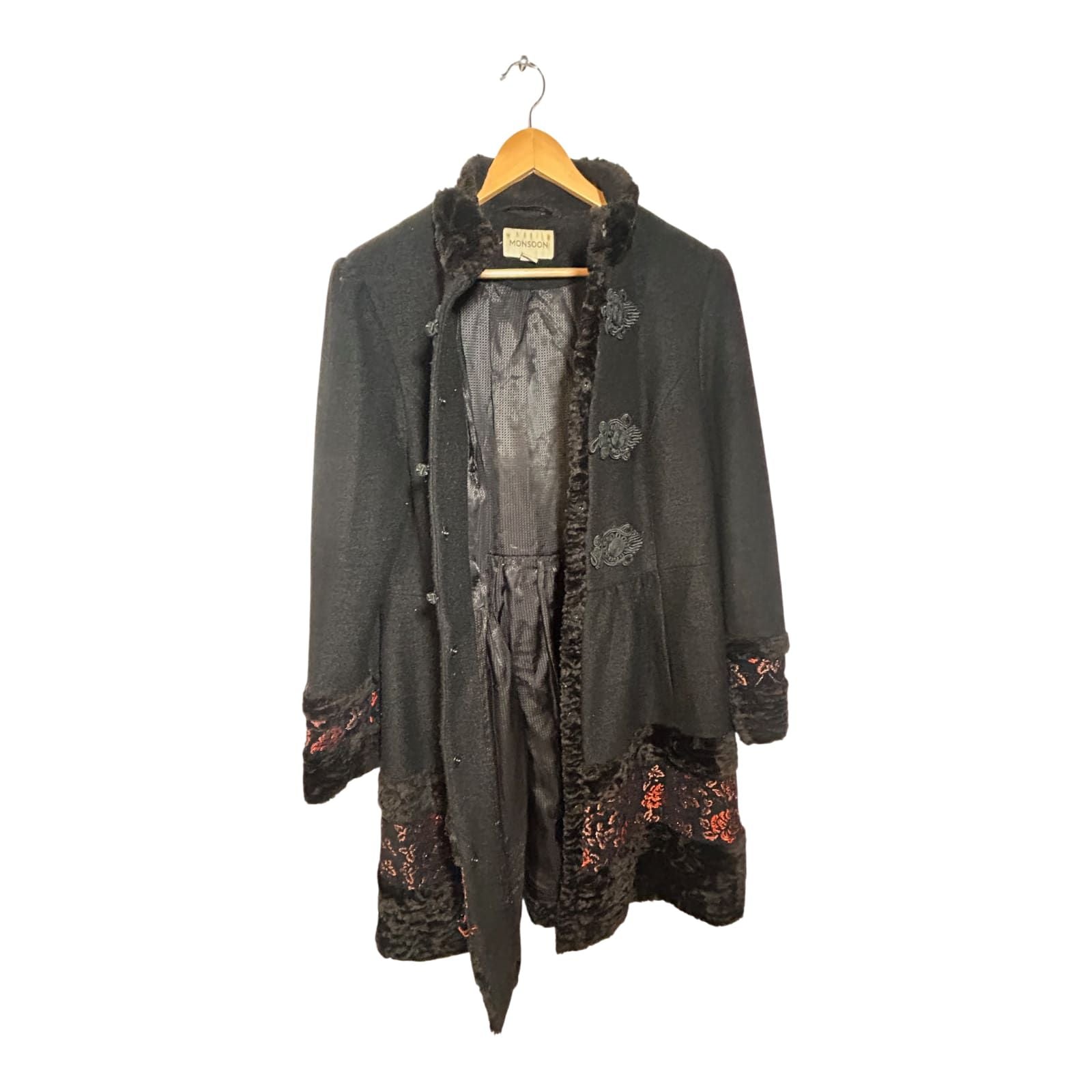 Monsoon Mantel Vintage Gr 42 Schwarz Brokat Kunstpelz Eleganter Wintermantel Warm