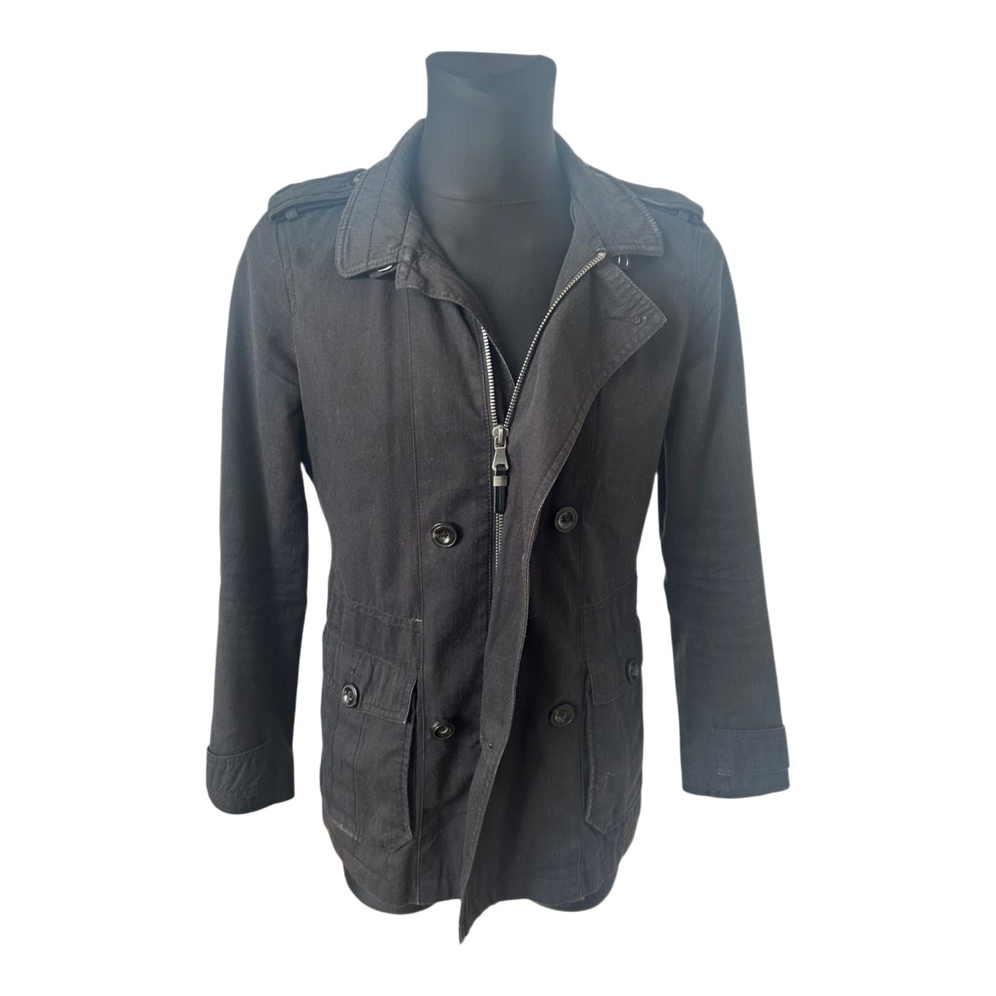 Zara Man Jacke Herren M Schwarz Übergang Military Stil Reißverschluss