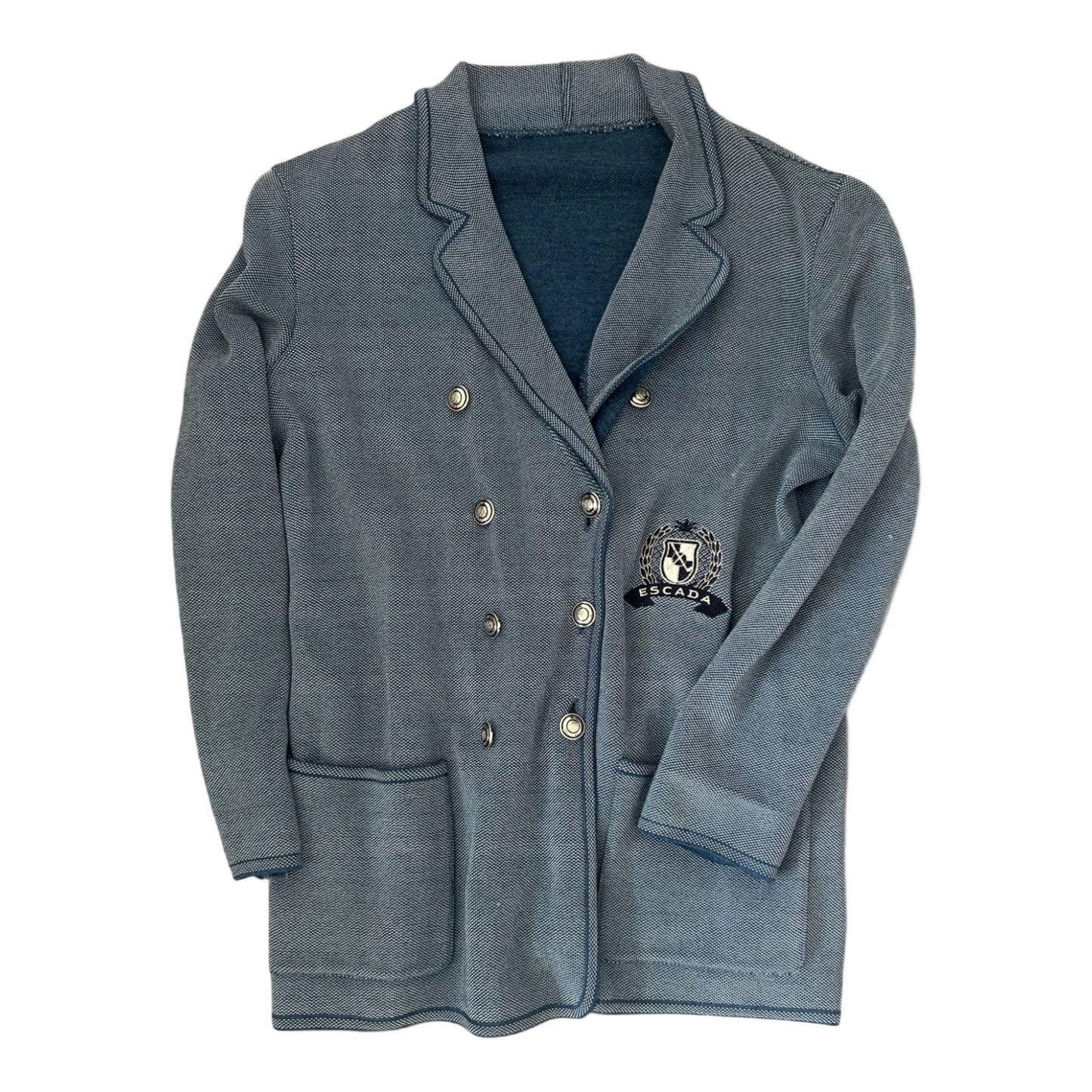 Escada Strickblazer Damen 40 Blau 70 % Schurwolle Wappen Knöpfe Elegant