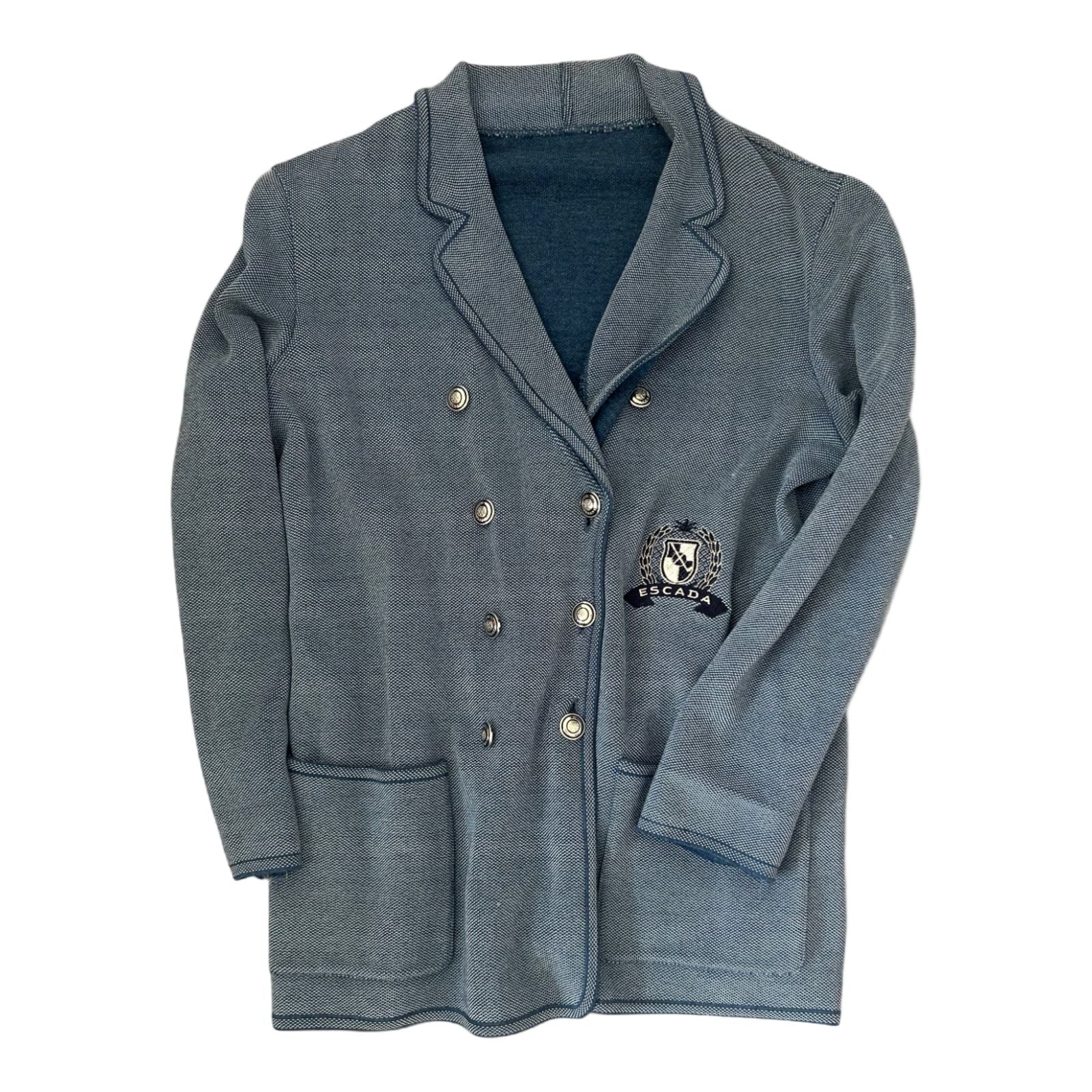 Escada Strickblazer Damen 40 Blau 70 % Schurwolle Wappen Knöpfe Elegant
