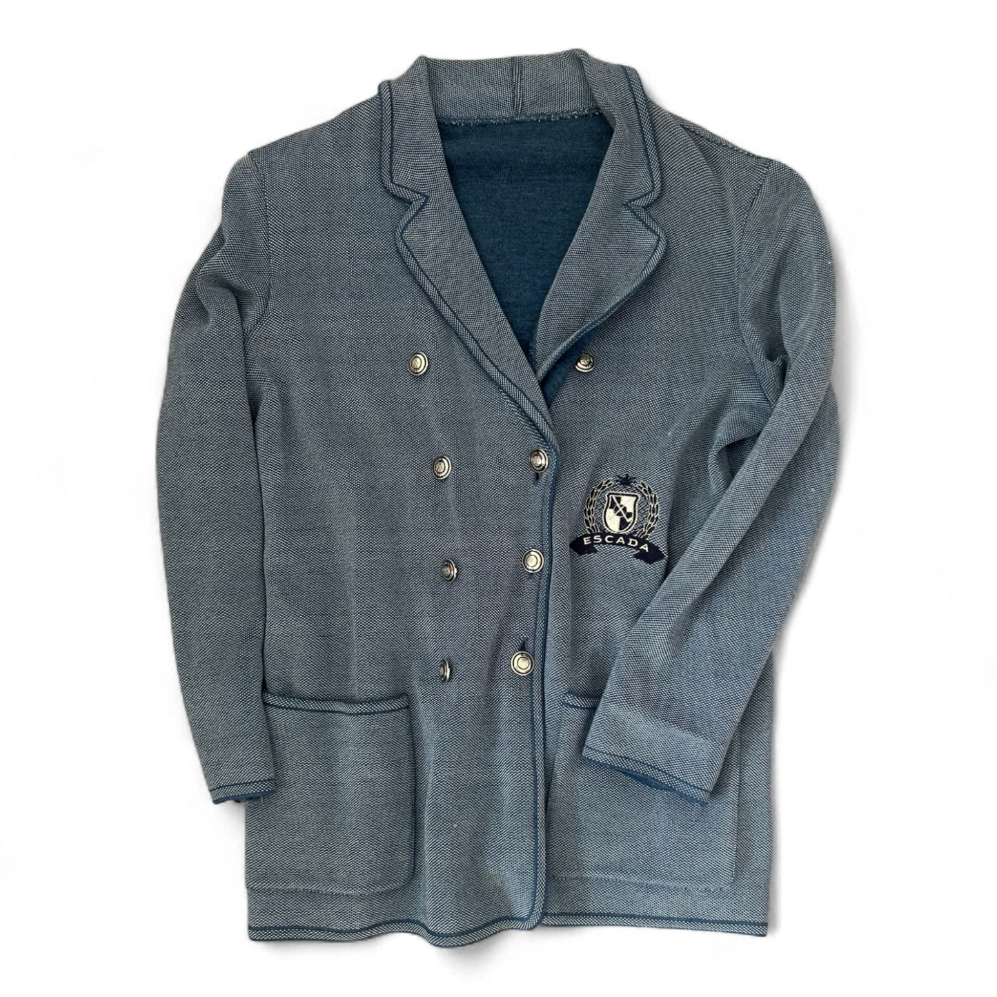 Escada Strickblazer Damen 40 Blau 70 % Schurwolle Wappen Knöpfe Elegant