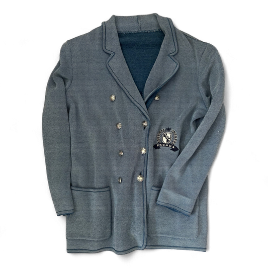 Escada Strickblazer Damen 40 Blau 70 % Schurwolle Wappen Knöpfe Elegant