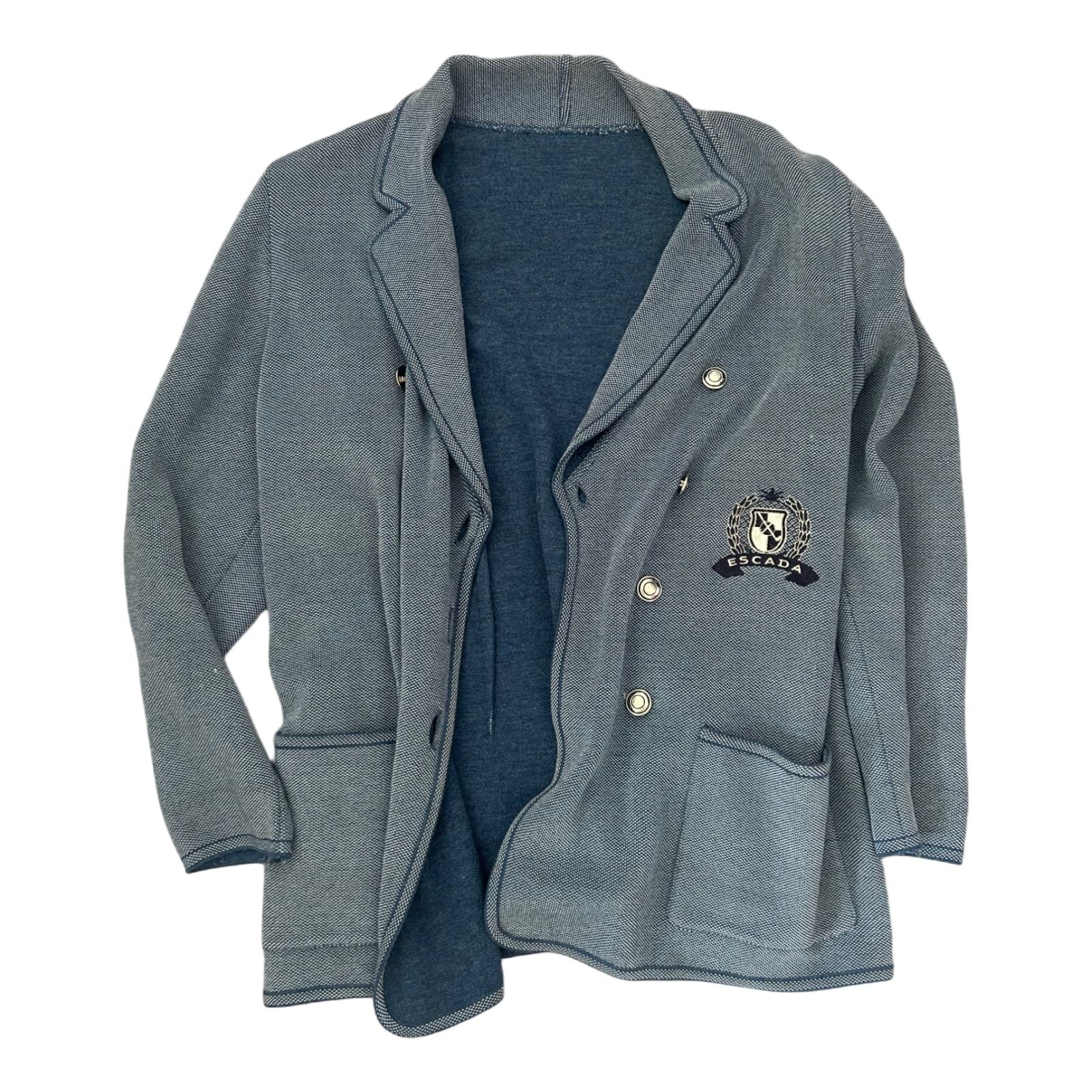 Escada Strickblazer Damen 40 Blau 70 % Schurwolle Wappen Knöpfe Elegant