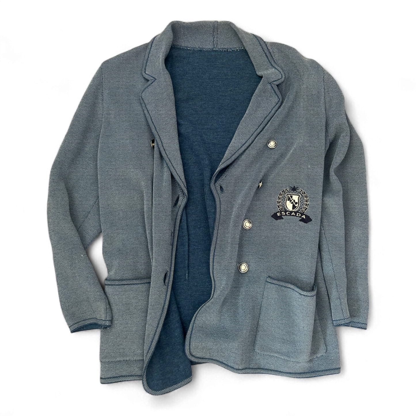 Escada Strickblazer Damen 40 Blau 70 % Schurwolle Wappen Knöpfe Elegant