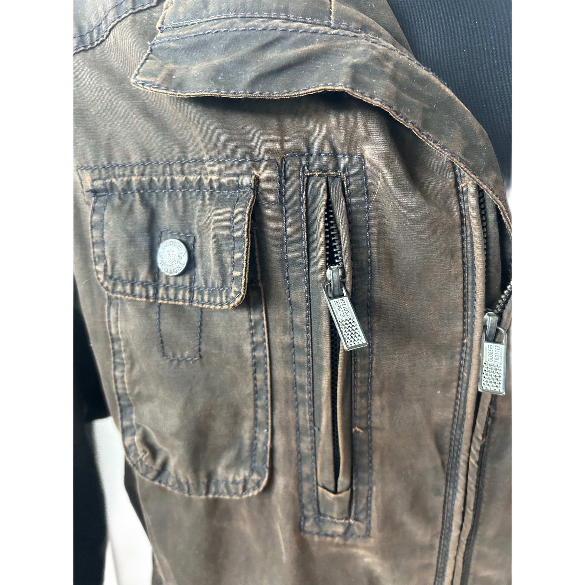 Globetrotter Jacke Herren L Braun Used Look Reißverschluss Taschen Casual