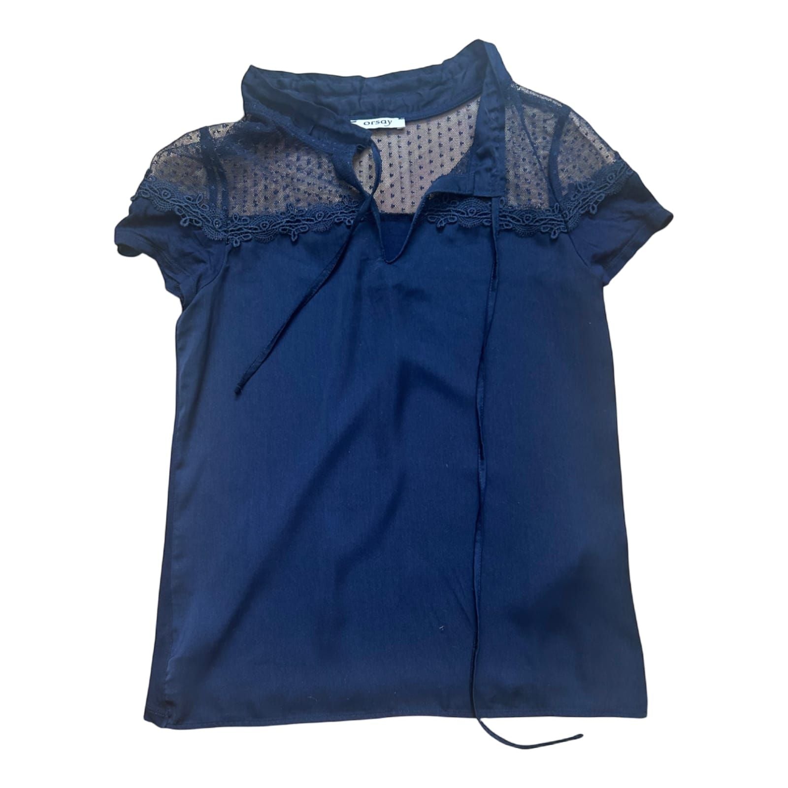 Orsay Damen Bluse XS Blau Viskose Spitze Transparent Kurzarm Sommer Oberteil