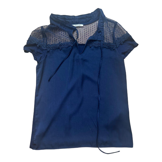 Orsay Damen Bluse XS Blau Viskose Spitze Transparent Kurzarm Sommer Oberteil