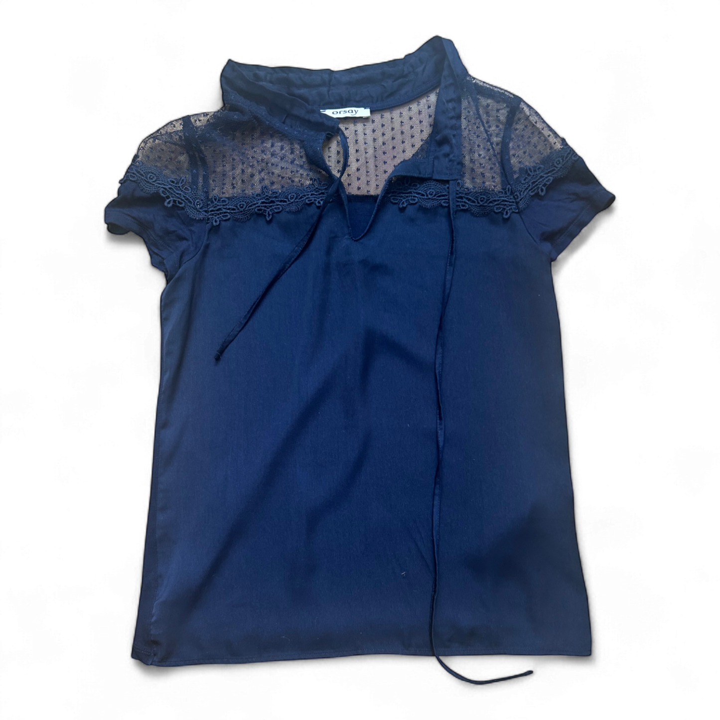 Orsay Damen Bluse XS Blau Viskose Spitze Transparent Kurzarm Sommer Oberteil