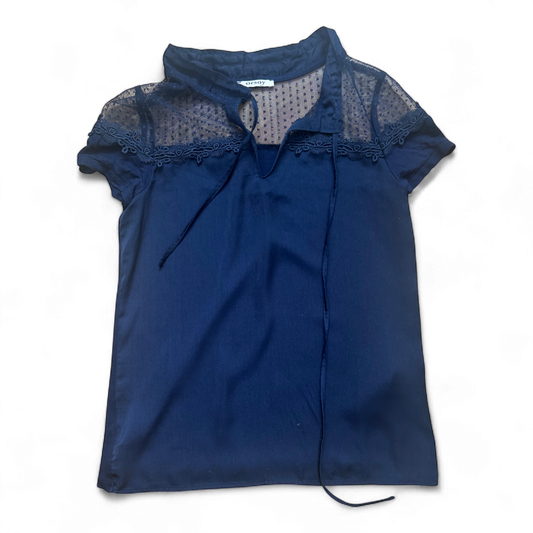 Orsay Damen Bluse XS Blau Viskose Spitze Transparent Kurzarm Sommer Oberteil