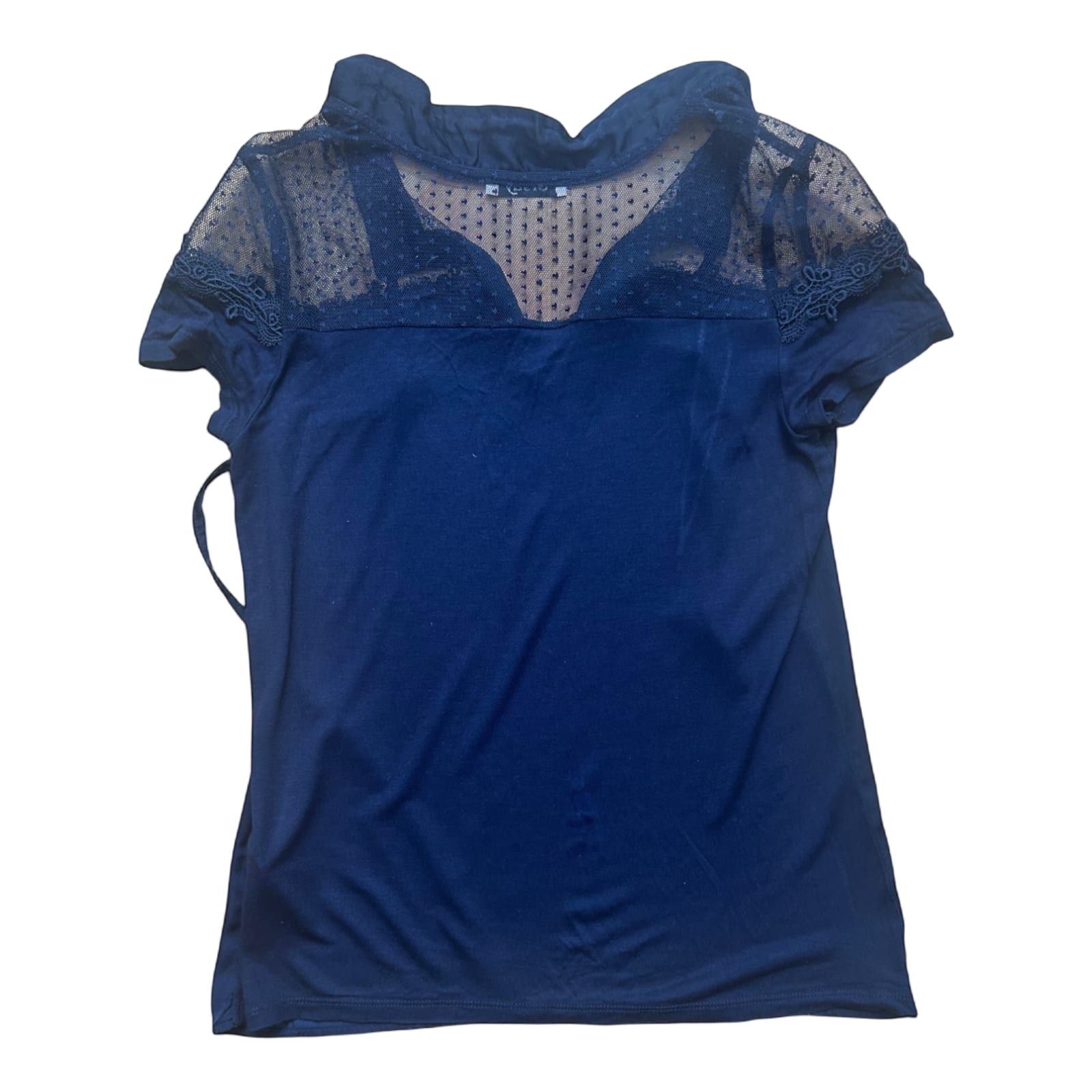 Orsay Damen Bluse XS Blau Viskose Spitze Transparent Kurzarm Sommer Oberteil