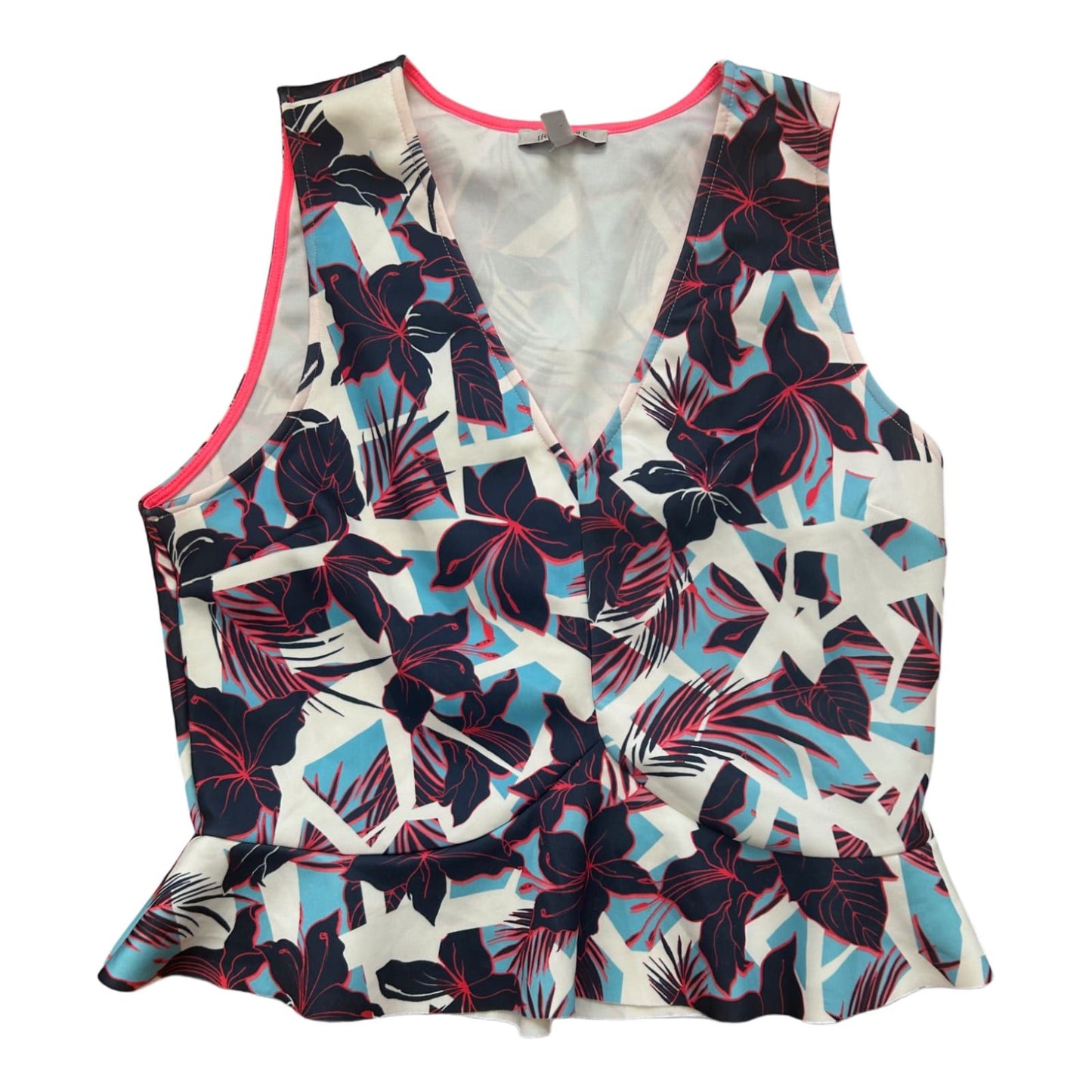 Zara Damen Top L Blumenprint Sommer Oberteil ärmellos weiß blau rot Muster