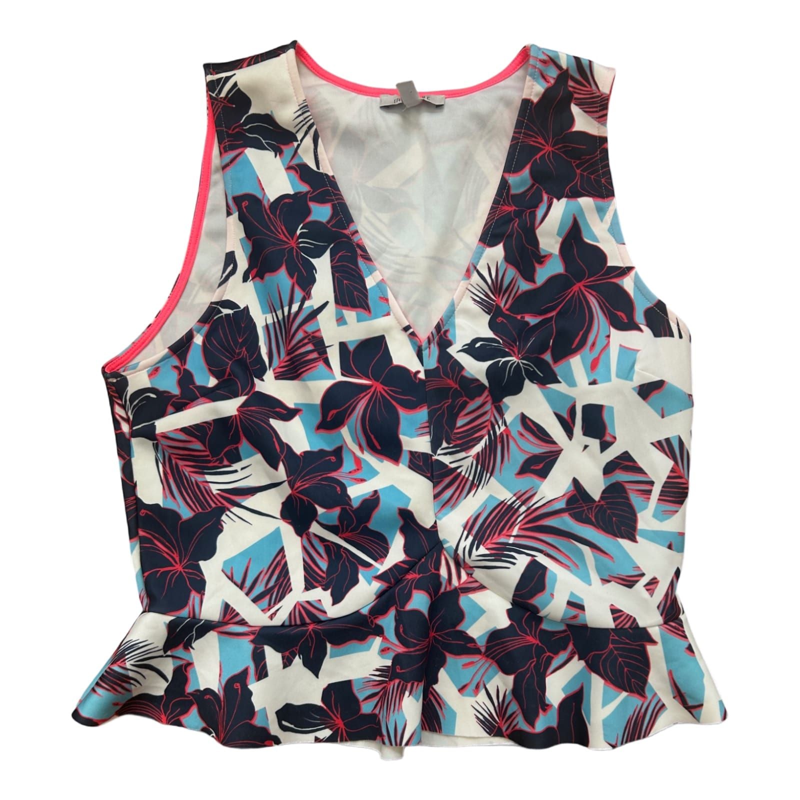 Zara Damen Top L Blumenprint Sommer Oberteil ärmellos weiß blau rot Muster