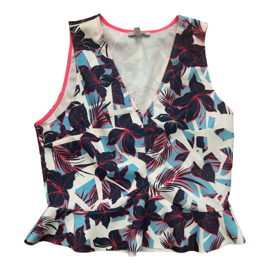 Zara Damen Top L Blumenprint Sommer Oberteil ärmellos weiß blau rot Muster