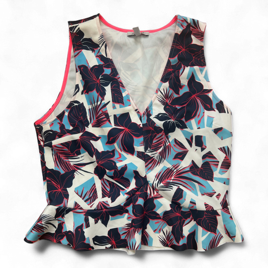 Zara Damen Top L Blumenprint Sommer Oberteil ärmellos weiß blau rot Muster