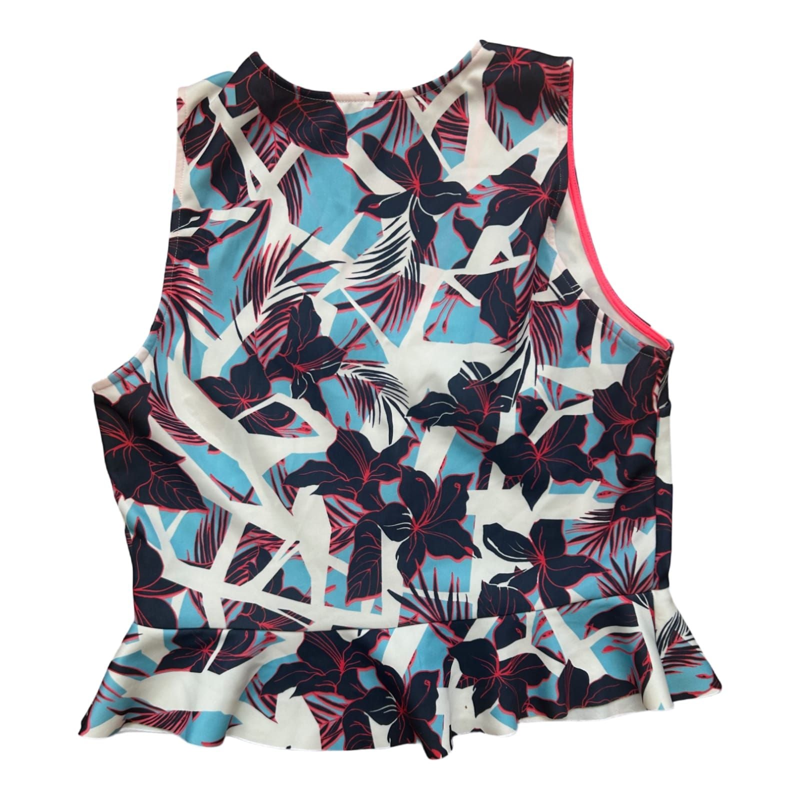 Zara Damen Top L Blumenprint Sommer Oberteil ärmellos weiß blau rot Muster