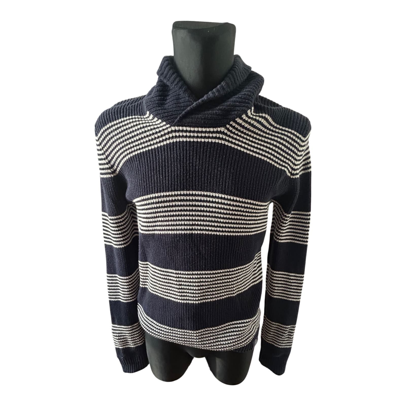 Angelo Litrico Pullover Herren M Blau Weiß Gestreift Baumwolle Schalkragen Casual