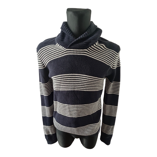 Angelo Litrico Pullover Herren M Blau Weiß Gestreift Baumwolle Schalkragen Casual