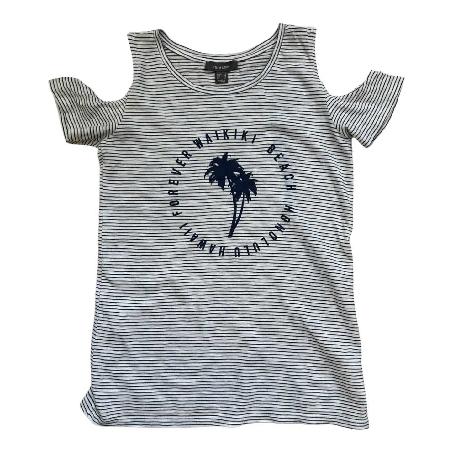 Primark Shirt Damen Gr 34 Weiß Dunkelblau Gestreift Sommer Print Hawaii