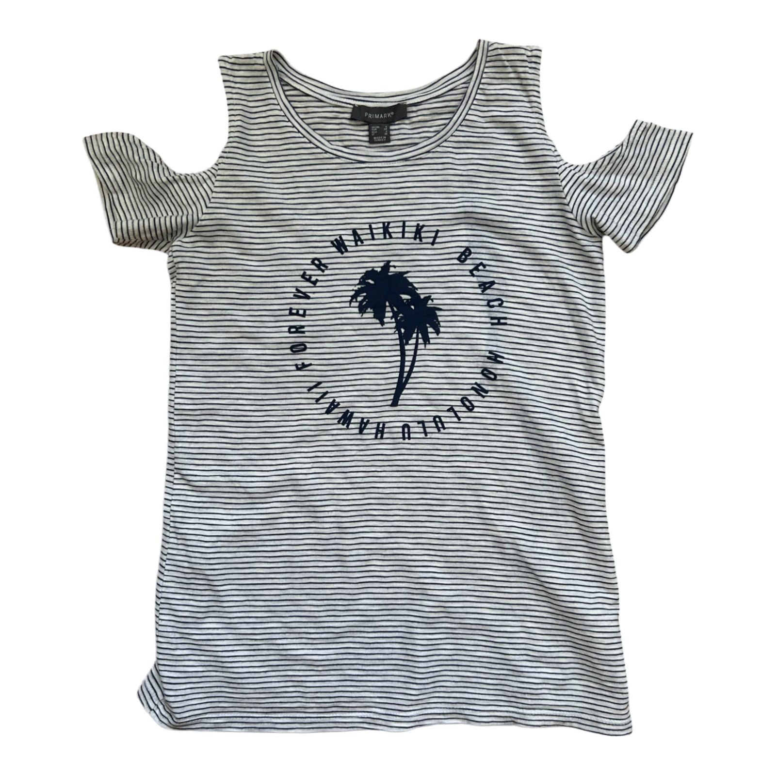 Primark Shirt Damen Gr 34 Weiß Dunkelblau Gestreift Sommer Print Hawaii