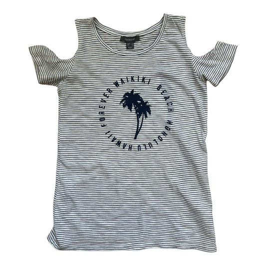 Primark Shirt Damen Gr 34 Weiß Dunkelblau Gestreift Sommer Print Hawaii
