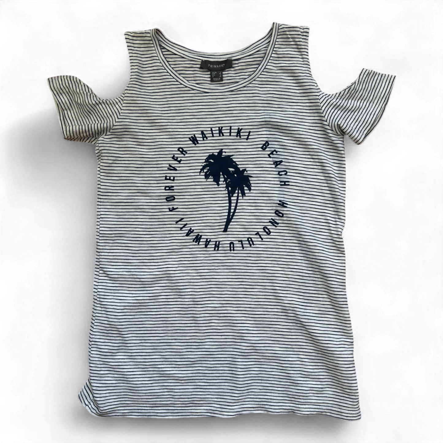 Primark Shirt Damen Gr 34 Weiß Dunkelblau Gestreift Sommer Print Hawaii