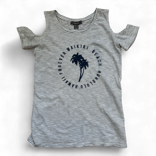 Primark Shirt Damen Gr 34 Weiß Dunkelblau Gestreift Sommer Print Hawaii