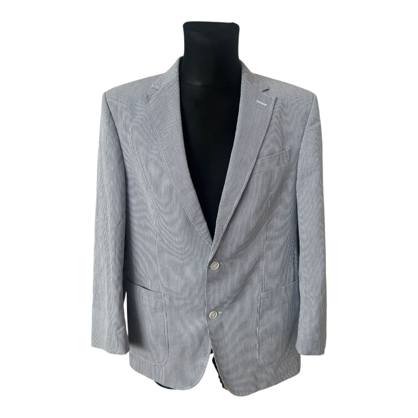SQR Herren Sakko Gr 52 Blau Weiss Gestreift Baumwolle Sommer Elegant