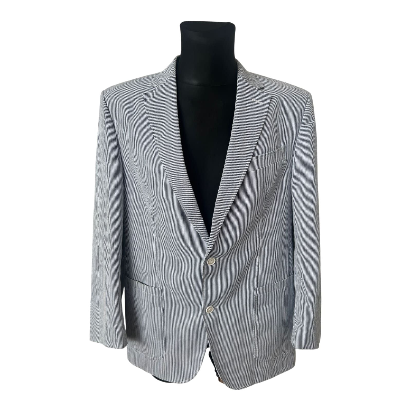 SQR Herren Sakko Gr 52 Blau Weiss Gestreift Baumwolle Sommer Elegant