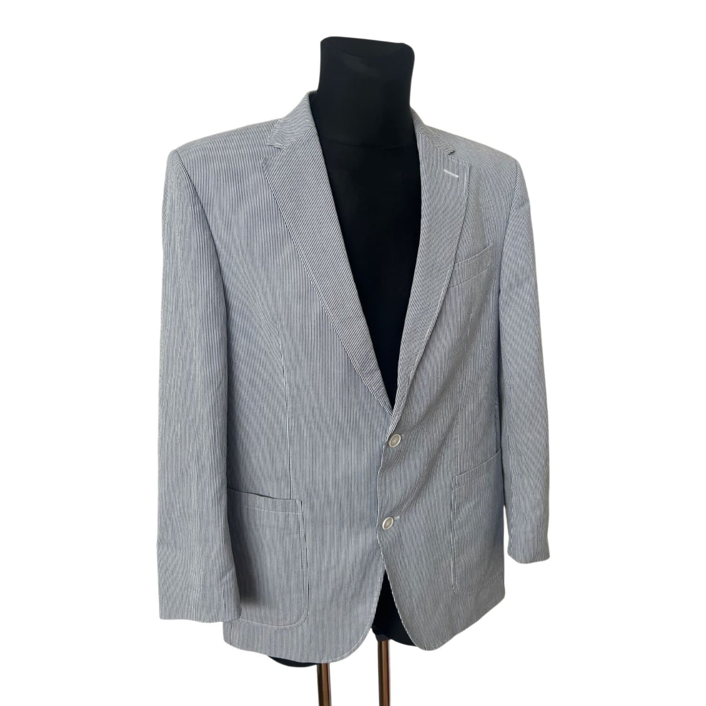 SQR Herren Sakko Gr 52 Blau Weiss Gestreift Baumwolle Sommer Elegant