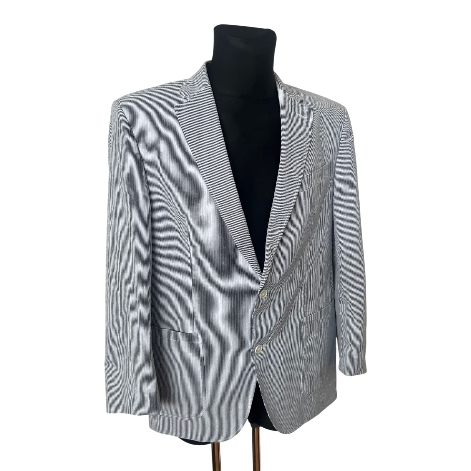 SQR Herren Sakko Gr 52 Blau Weiss Gestreift Baumwolle Sommer Elegant