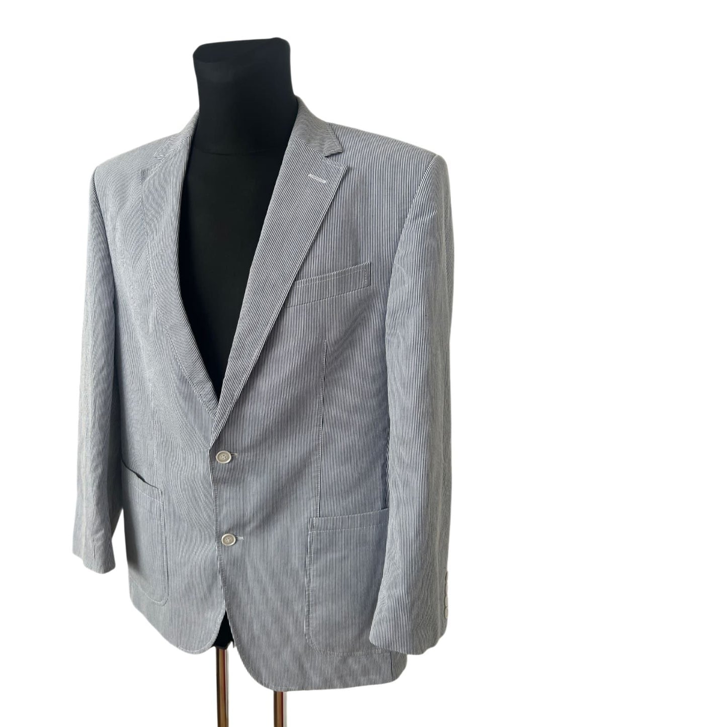 SQR Herren Sakko Gr 52 Blau Weiss Gestreift Baumwolle Sommer Elegant