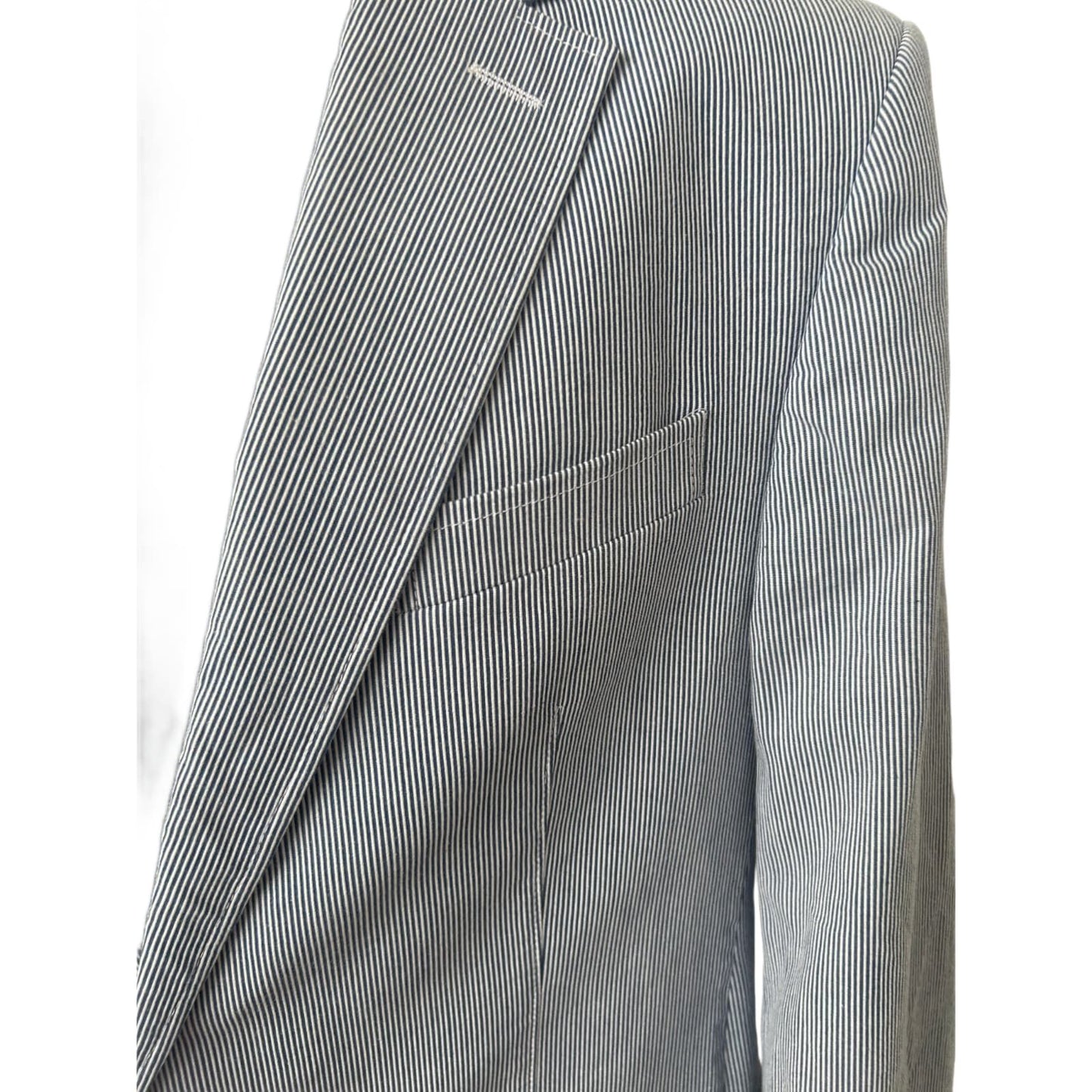 SQR Herren Sakko Gr 52 Blau Weiss Gestreift Baumwolle Sommer Elegant