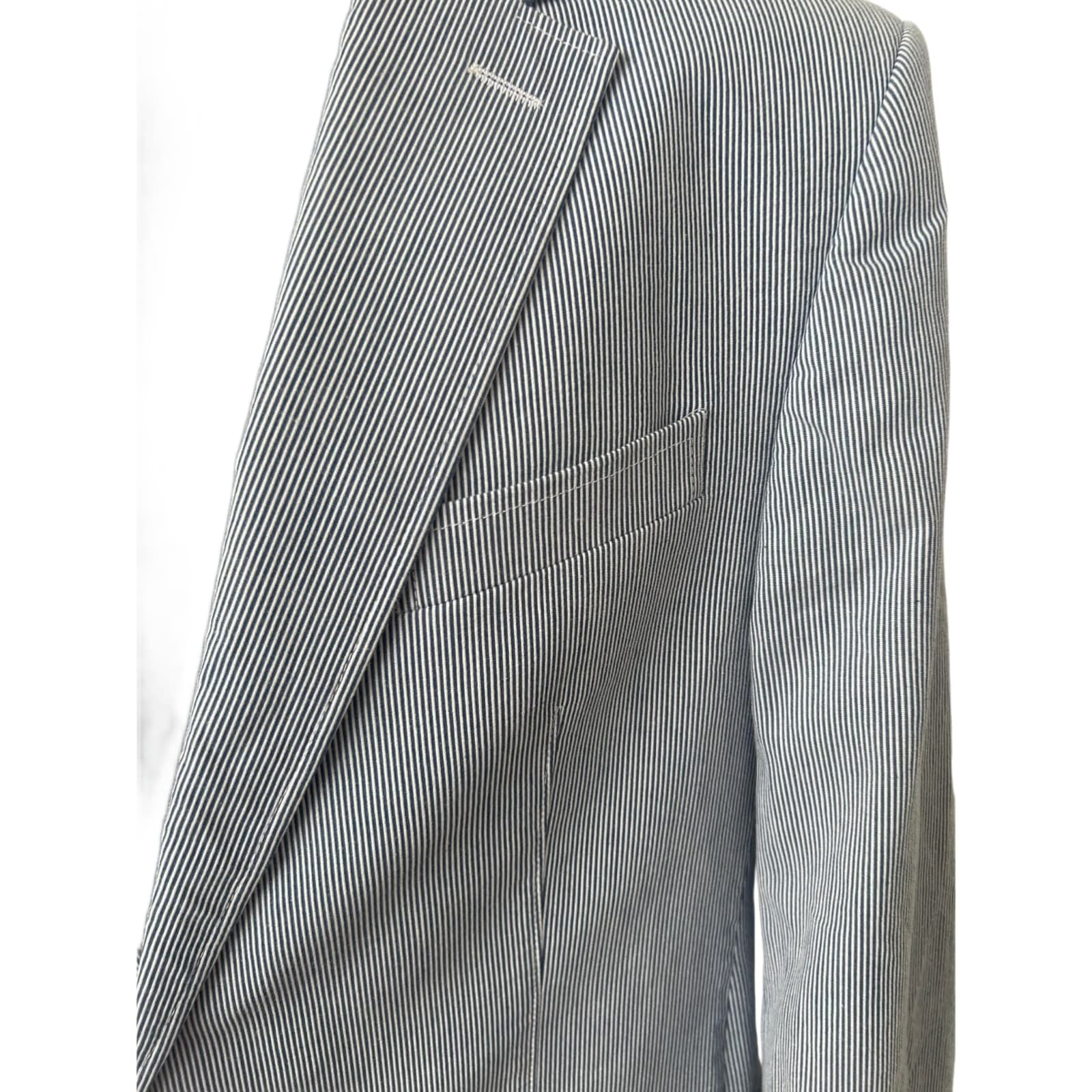 SQR Herren Sakko Gr 52 Blau Weiss Gestreift Baumwolle Sommer Elegant