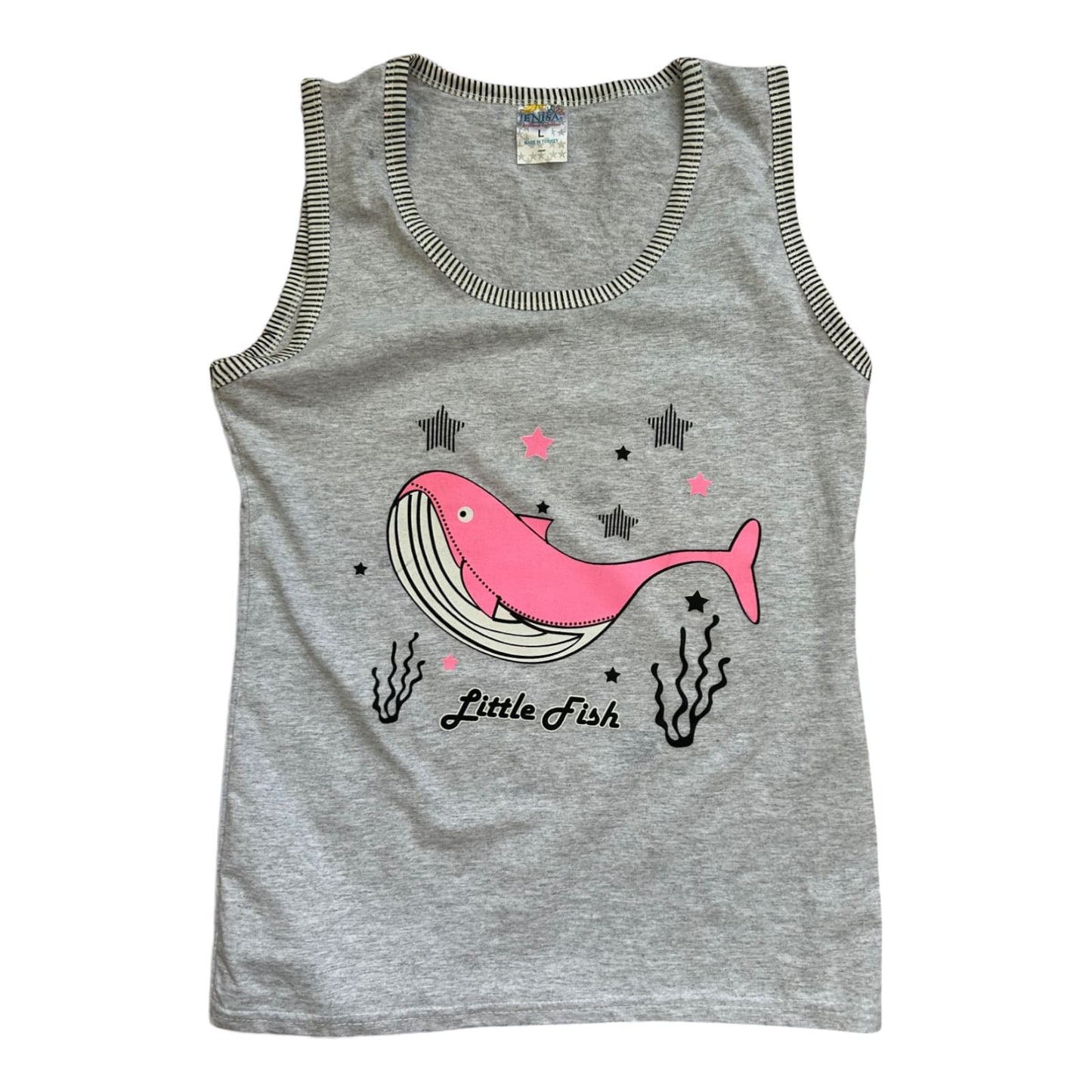 Enisa Damen Top L Grau Baumwolle Wal Print Little Fish Ärmellos Sommer Shirt