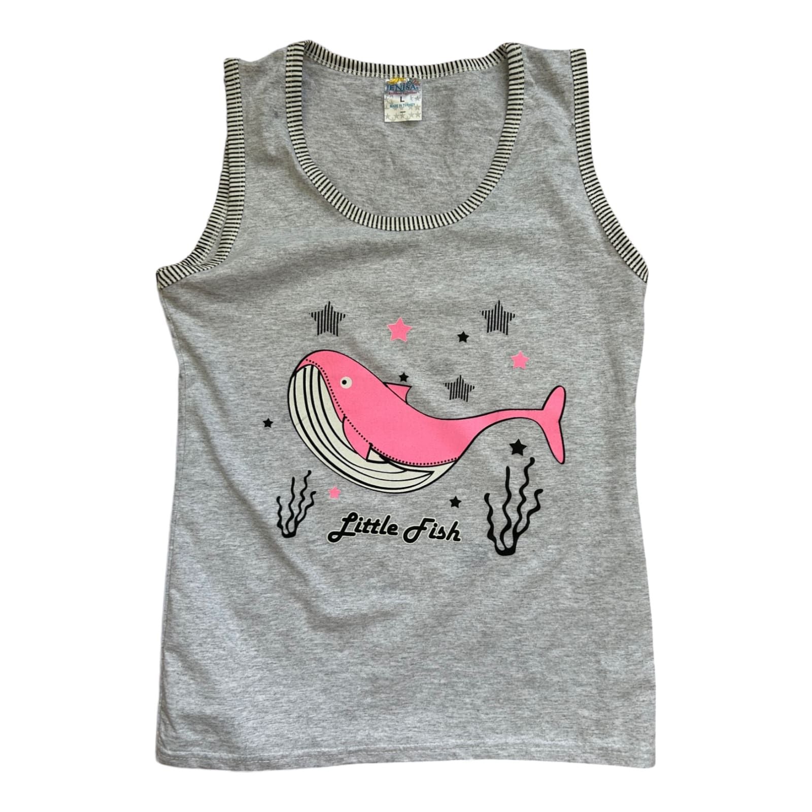 Enisa Damen Top L Grau Baumwolle Wal Print Little Fish Ärmellos Sommer Shirt