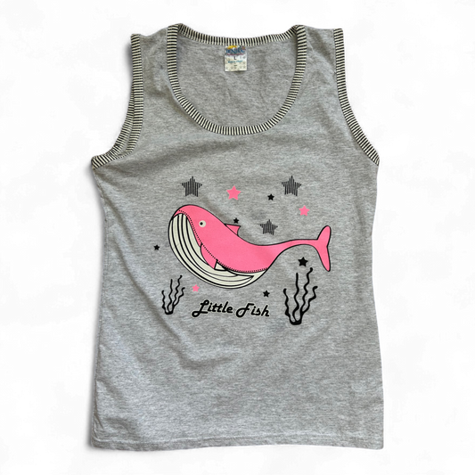 Enisa Damen Top L Grau Baumwolle Wal Print Little Fish Ärmellos Sommer Shirt