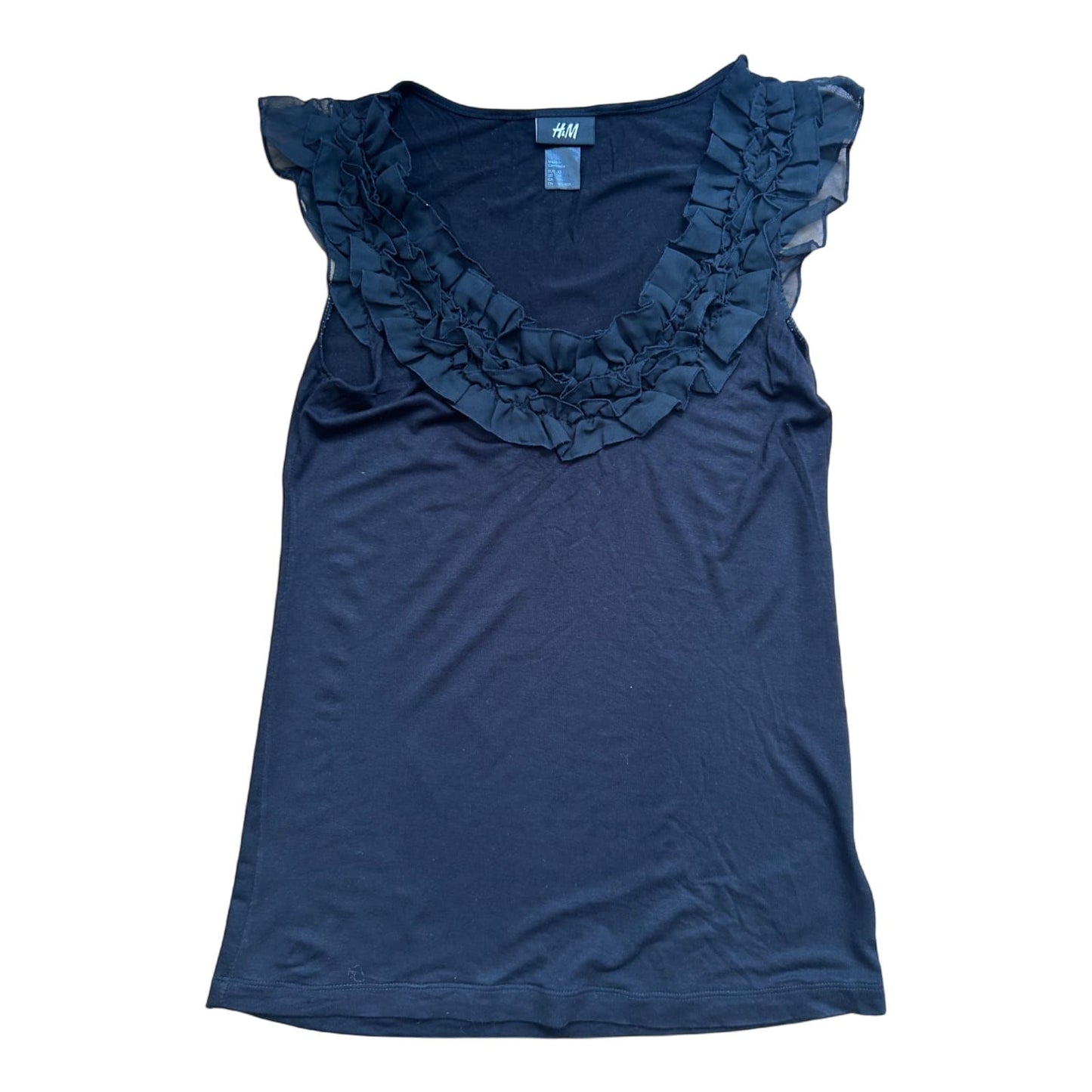H&M Damen Top XS Schwarz Rüschen Viskose Look Sommer Bluse Ärmellos Elegant