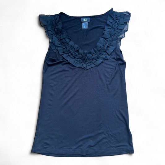 H&M Damen Top XS Schwarz Rüschen Viskose Look Sommer Bluse Ärmellos Elegant