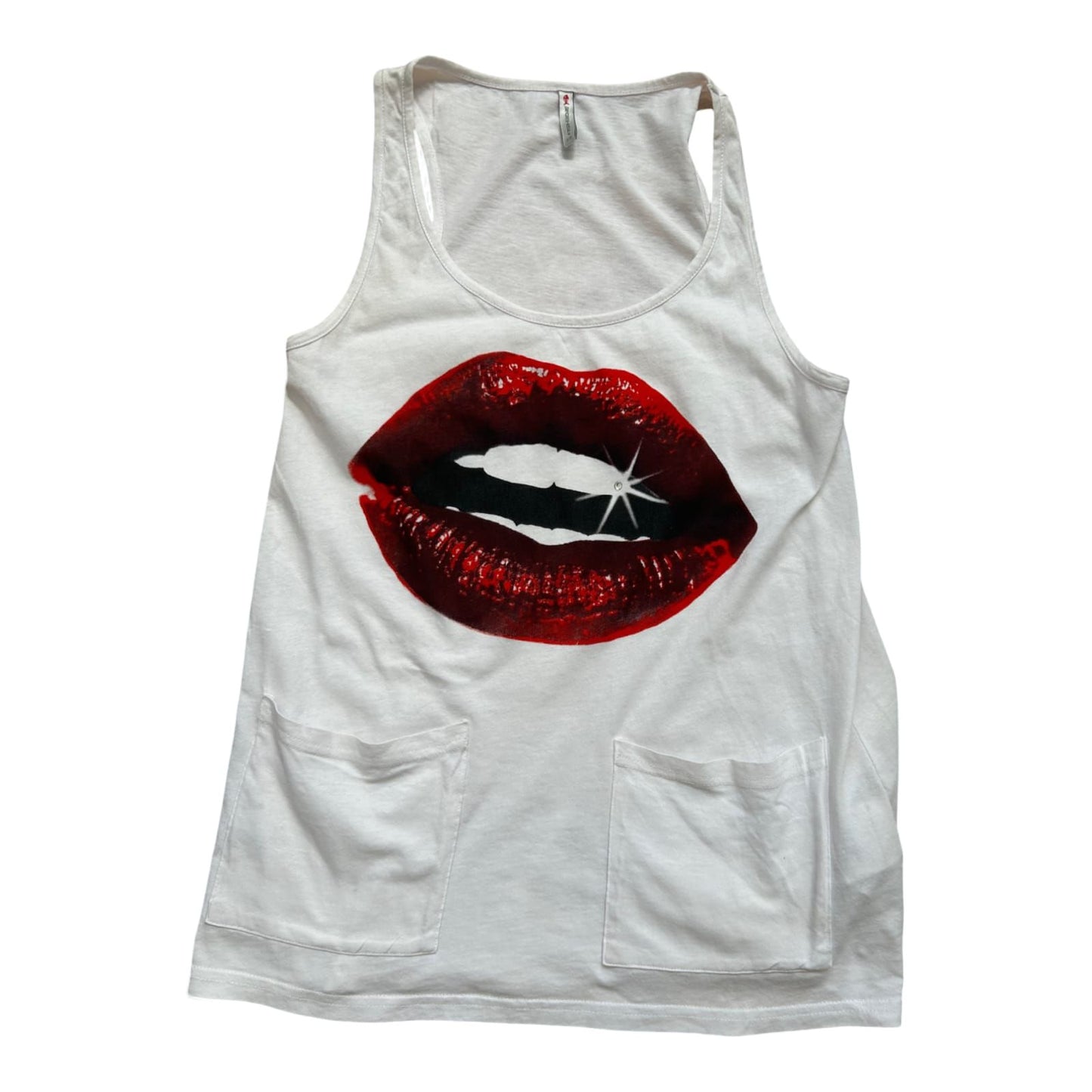 Fishbone Damen Tanktop XS Weiß Baumwolle Lippen Print Taschen Sommer