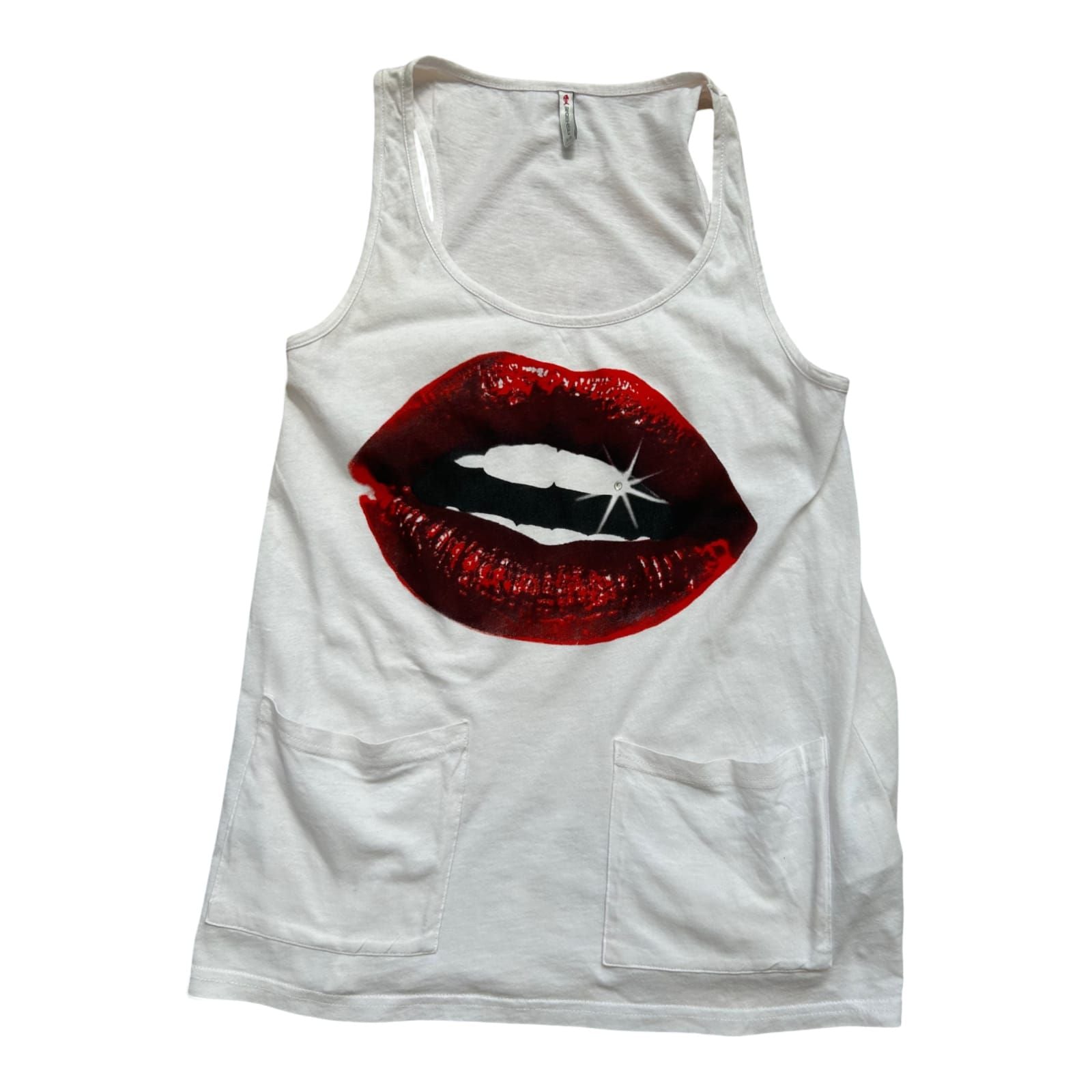Fishbone Damen Tanktop XS Weiß Baumwolle Lippen Print Taschen Sommer