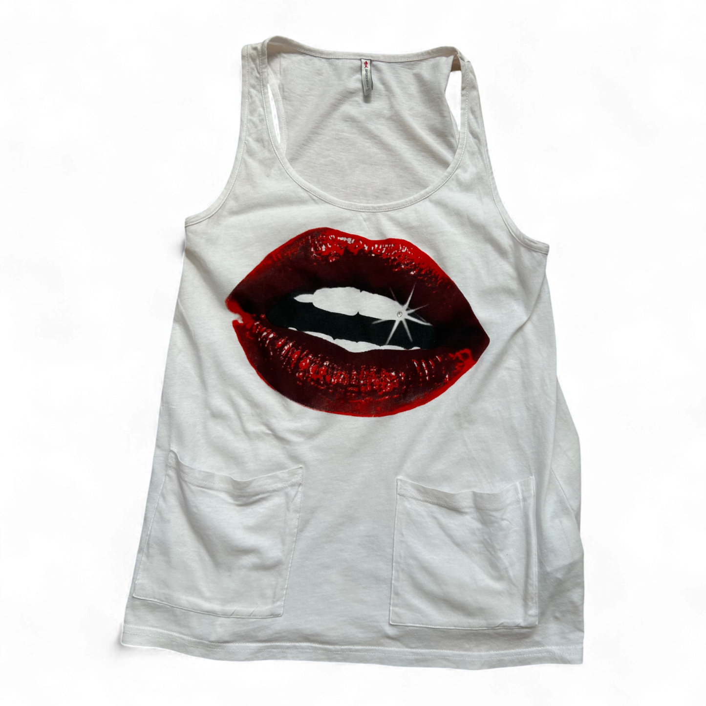 Fishbone Damen Tanktop XS Weiß Baumwolle Lippen Print Taschen Sommer