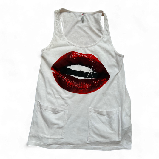 Fishbone Damen Tanktop XS Weiß Baumwolle Lippen Print Taschen Sommer