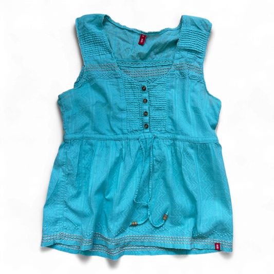 EDC Damen Top M Türkis Baumwolle Knopfleiste Spitze Boho Tunika Sommer Bluse