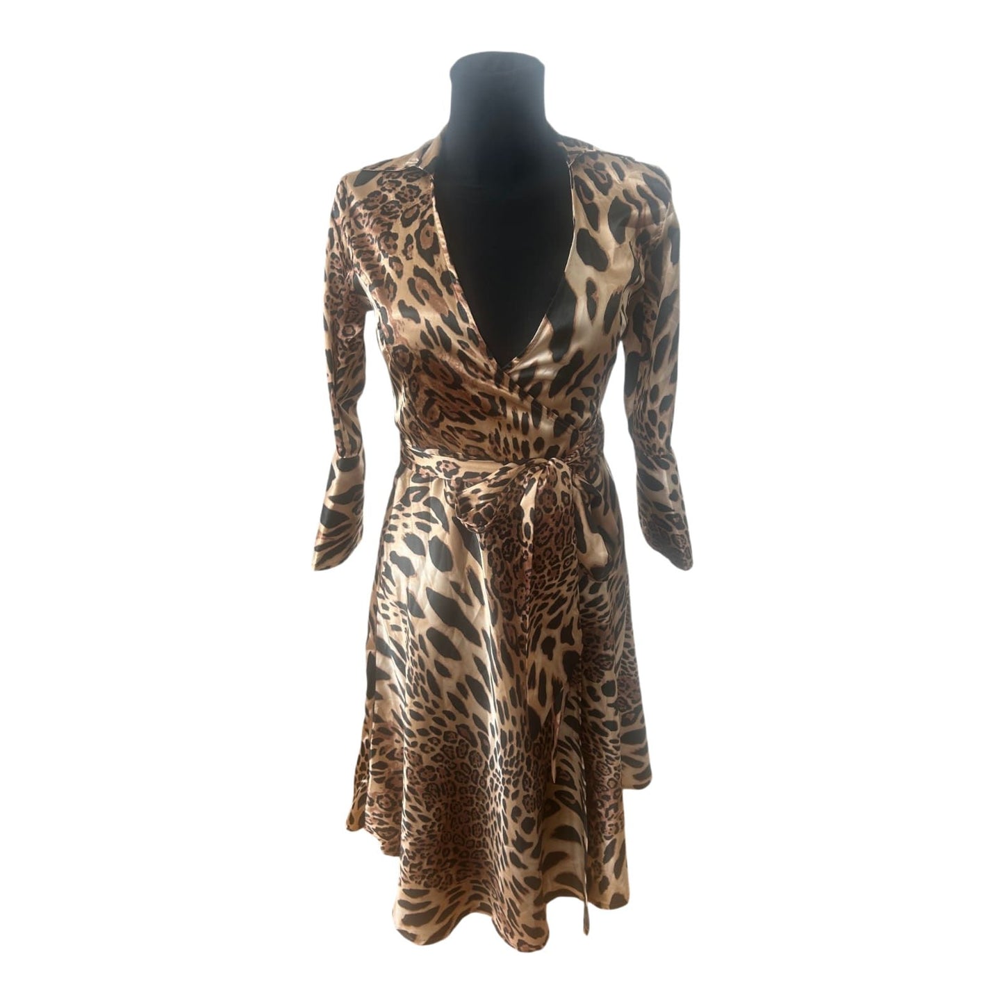 Koton Kleid Damen Wickelkleid Leo Muster Elegant Midi Gürtel Gr 36