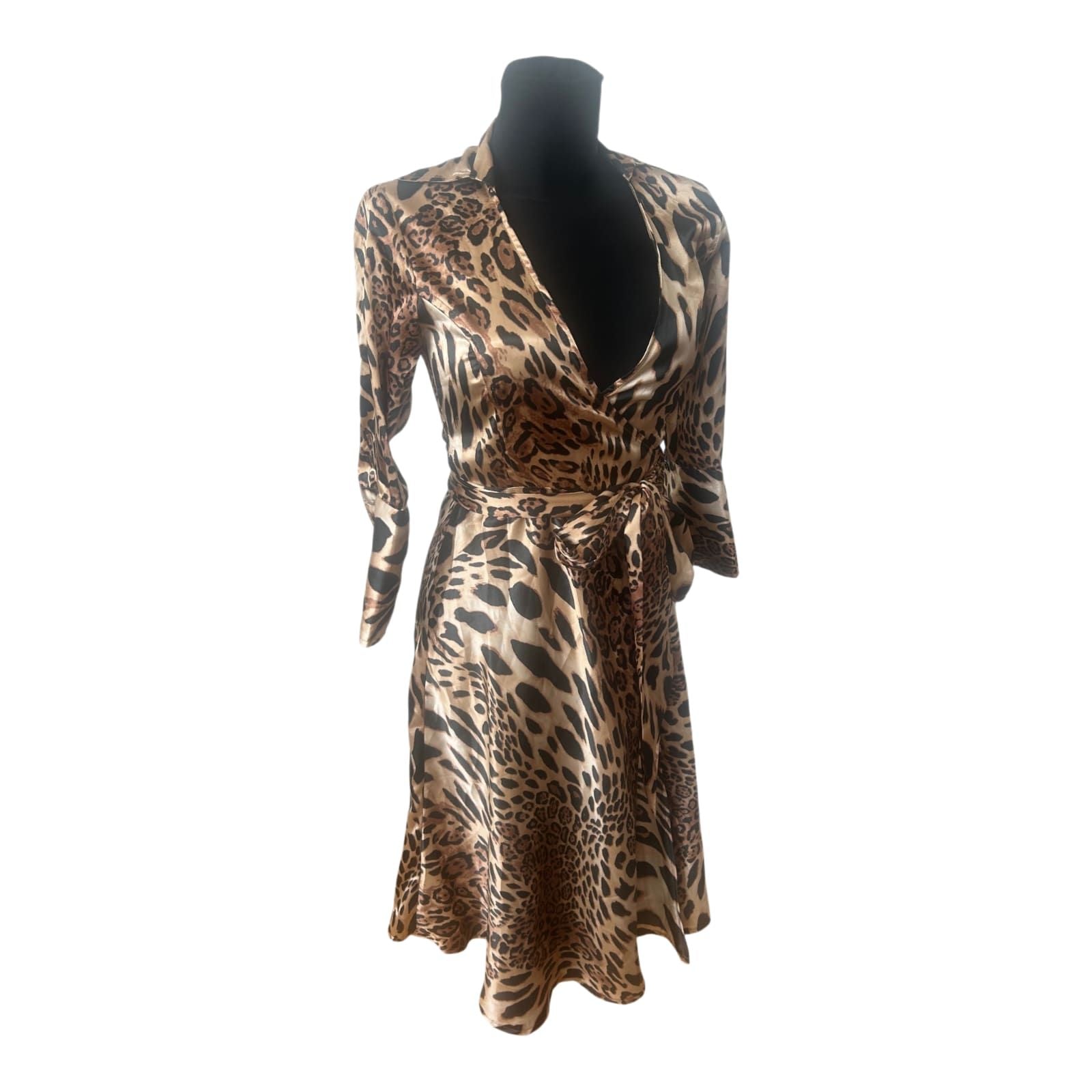 Koton Kleid Damen Wickelkleid Leo Muster Elegant Midi Gürtel Gr 36