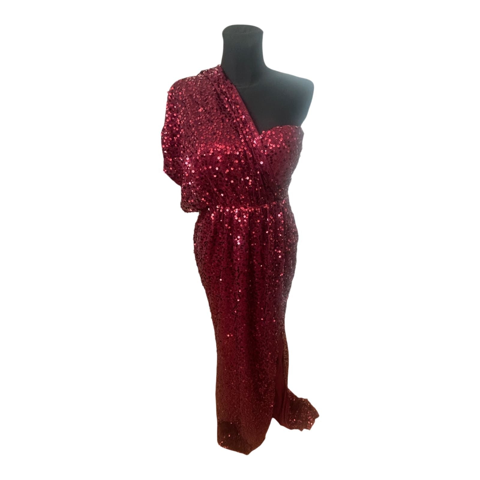 Pailettenkleid Damen Rot Gr L One Shoulder Abendkleid Glamour Lang Elegant