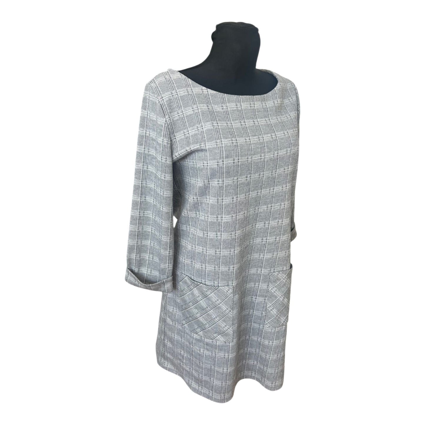 Aiki Kleid Damen Gr L Grau Kariert Elegant Taschen Dreiviertelarm Chic