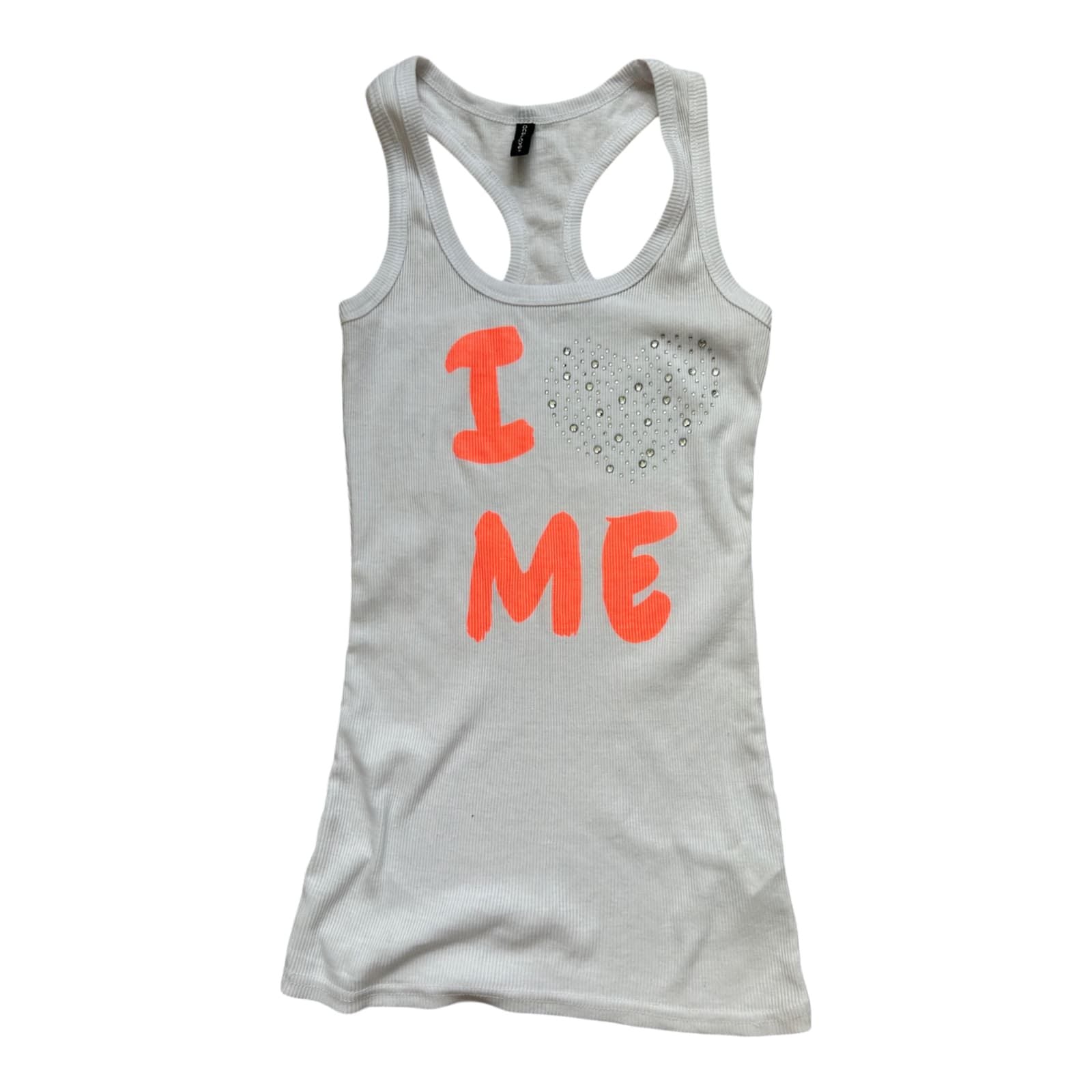One Love Damen Tanktop S Weiß Baumwolle Print Strass Racerback Sommer